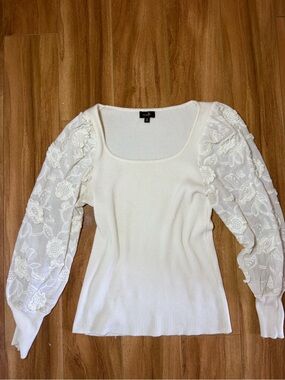 On Twelfth White Ribbed Floral Mesh Puff Sleeve Top | Large